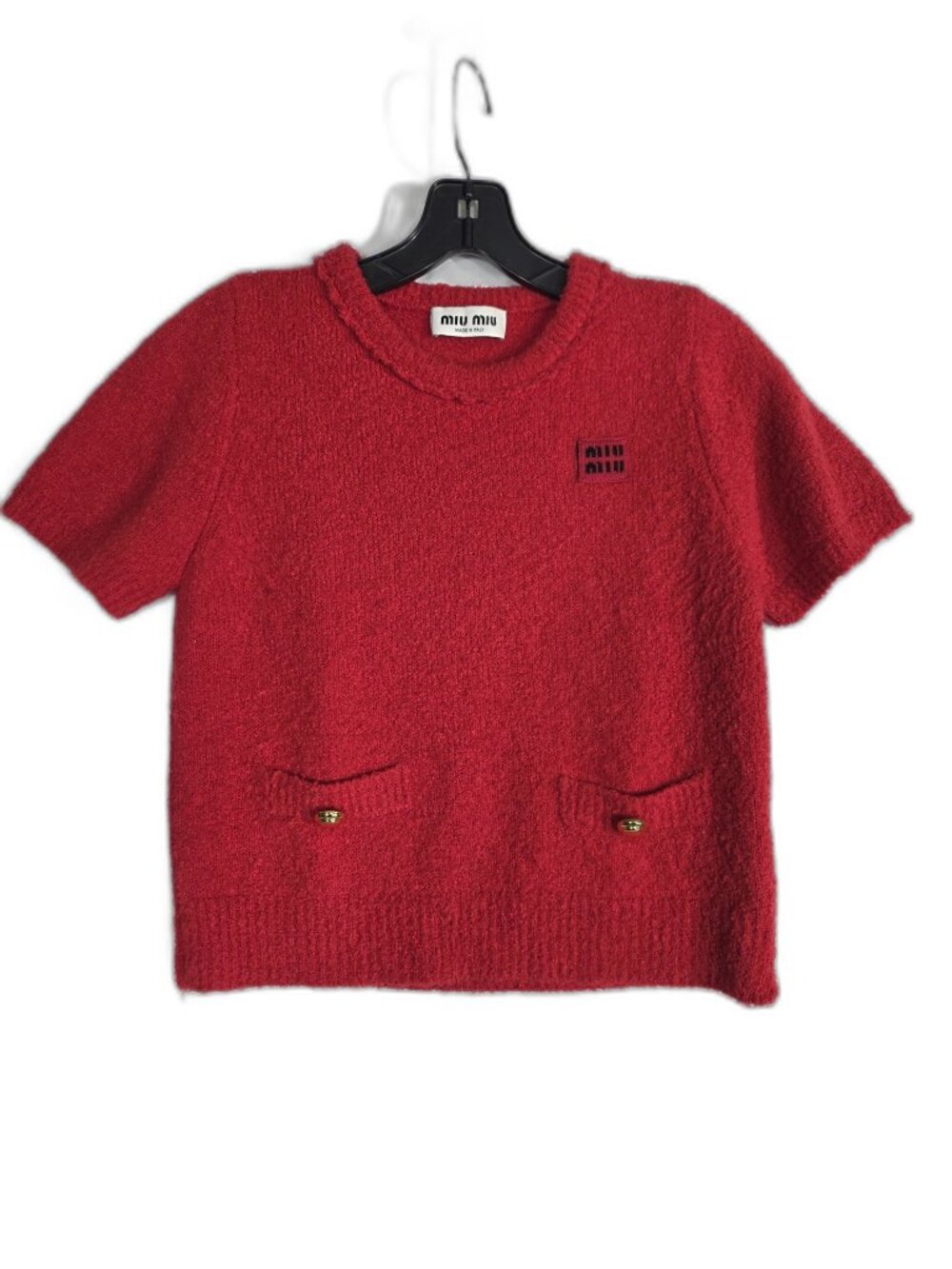 Miu Miu Wool Red Bouclé Short-Sleeve Knit Top – Size S